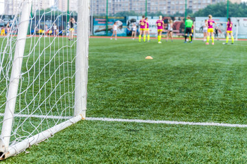 goalkeeper woman stands against goal with net and stadium. femal