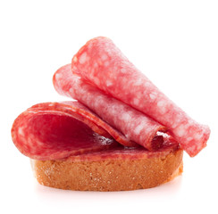 sandwich with salami sausage on white background  cutout