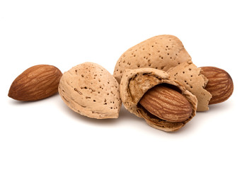 Almond nut in shell and shelled isolated on white background clo