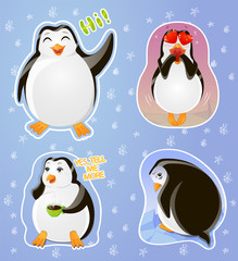 Set emotions stickers penguin: greeting and in love, skeptical and resentful, freehand drawing doodles vector illustration