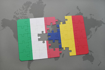 puzzle with the national flag of italy and chad on a world map background.