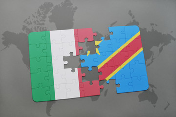 puzzle with the national flag of italy and democratic republic of the congo on a world map background.