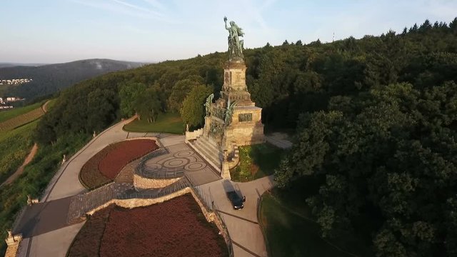 Aerial view vineyards and Niederwalddenkmal Ruedesheim - Rheingau, Germany