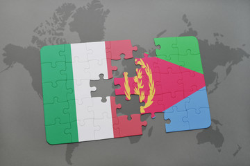 puzzle with the national flag of italy and eritrea on a world map background.