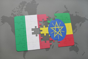 puzzle with the national flag of italy and ethiopia on a world map background.