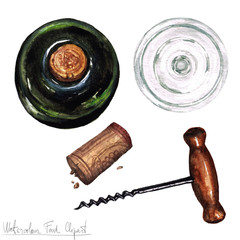 Watercolor Kitchenware Clipart - Cork screw, empty glass and bottle of wine - top view  - 119099542