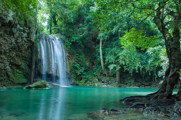 Beautiful and Breathtaking green waterfall, Erawan's waterfall Located at Kanchanaburi province, Thailand
