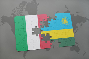 puzzle with the national flag of italy and rwanda on a world map background.