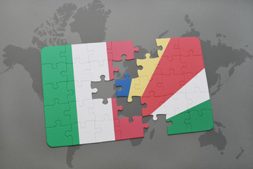 puzzle with the national flag of italy and seychelles on a world map background.