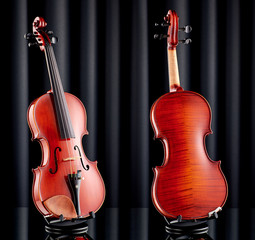 Close up of a violin on glass surface and black background