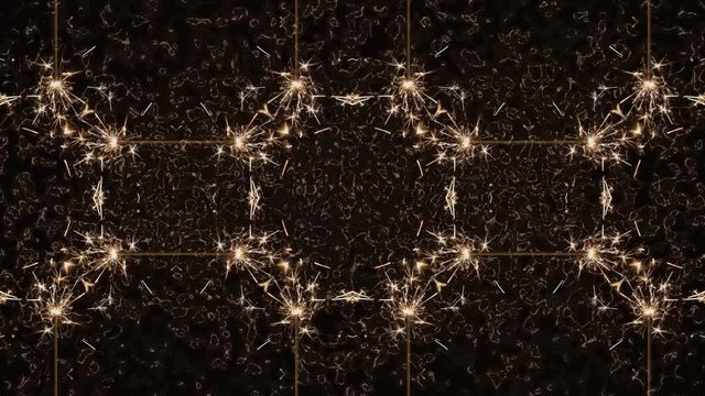 A burning fuse or bengal fire, as seen through a kaleidoscope. Bubbles and shiny sparkles.
