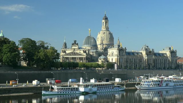Dresden - Scenic summer view of the Old Town with Elbe river in Saxony, Germany. Clip contains panorama, frauenkirche, semper opera, sightseeing, tourism, architecture.	
