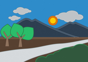 Jeans Denim Style Mountain Landscape | Editable countryside vector illustration