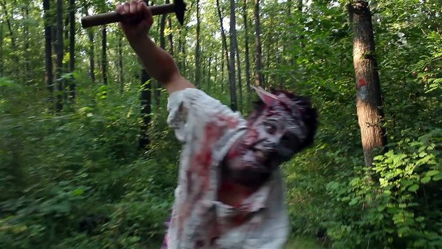 horrible zombie runs into the forest and looking for the victim