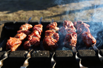 Grilling marinated shashlik preparing on a barbecue grill over charcoal