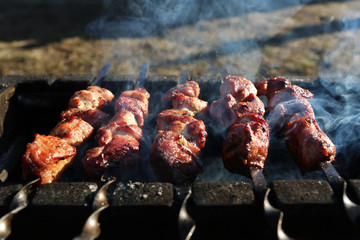 Grilling marinated shashlik preparing on a barbecue grill over charcoal