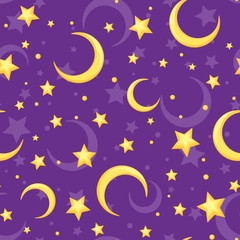 Obraz na płótnie Canvas Vector seamless pattern with yellow stars and crescents on a purple background.