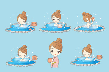 cartoon woman with hot spring