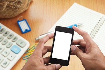 Man hands using smart phone white screen
