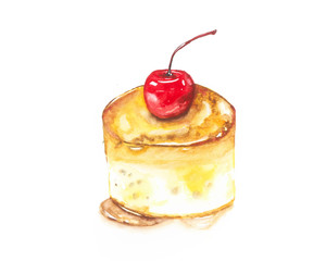 Caramel Custard Cake, Watercolor painting isolated on white background