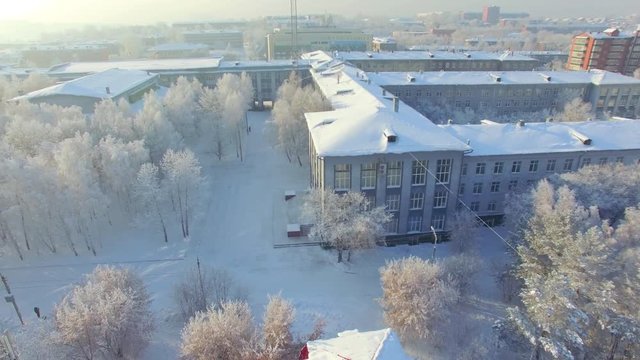 Aerial survey from the air. Winter. Irkutsk city. By state technical university