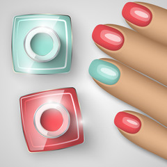 Bottle of nail polish and nails. Vector illustration