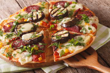 Italian pizza with eggplant, salami, corn and mozzarella close up. horizontal
