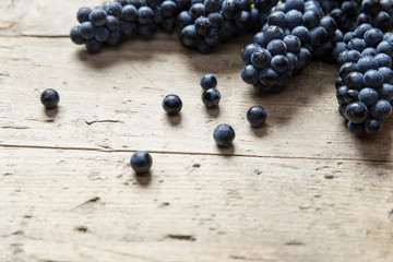 Blaue Trauben auf Holztisch, Textfreiraum
