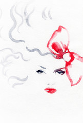 Beautiful woman face. Abstract fashion watercolor illustration