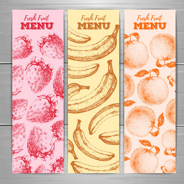 Set of vegetarian fresh fruit banners. Fruit sketch background.