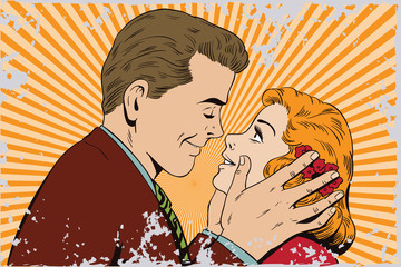 People in retro style. Guy wants to kiss a girl.
