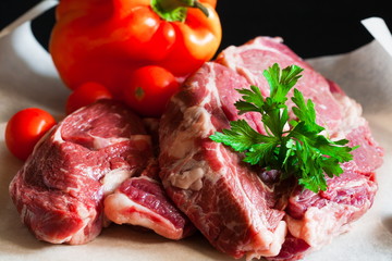 Food. ribeye steak, raw, vegetables