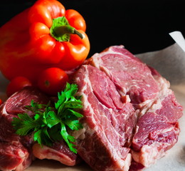 Food. ribeye steak, raw, vegetables