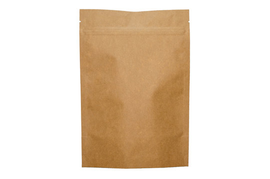 Sealed paper bag with zipper on white background