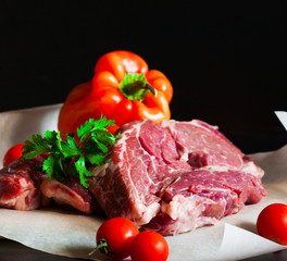 Food. ribeye steak, raw, vegetables