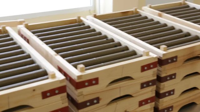 RPG explosives in one of Bulgaria's arms factory. The facility produces and assembles rocket-propelled grenades (RPG), RPG-7 launchers, RPG war heads, detonators, land mines and others. Panning