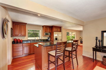 Wooden kitchen interior with kitchen island and steel appliances