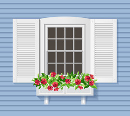 Fototapeta na wymiar White window with flowers pot.