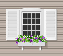 Shutter window with Flower box. Petunia flower pot.
