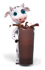 Cartoon character cow standing behind glass of chocolate,3d rend