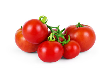 Top view of fresh tomatoes, whole and half cut, isolated on whit