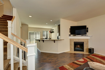 Beige house interior with open floor plan