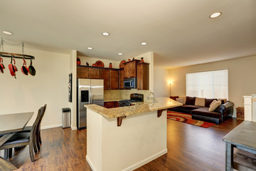 Beige house interior with open floor plan