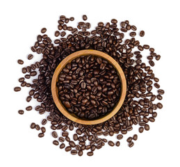 Top view roasted coffee beans in wood bowl isolated on white background.