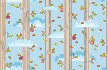 Seamless pattern with apple trees and clouds