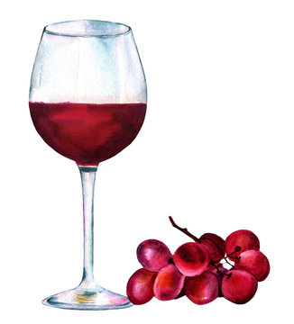 Vibrant watercolor drawing of glass of red wine with grapes