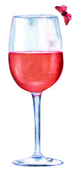 Glass of pink garnacha wine with butterfly, on white