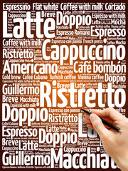 List of coffee drinks words cloud, poster background