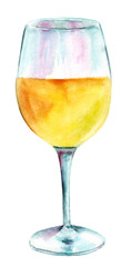 Glass of white wine, hand painted in watercolors, on white