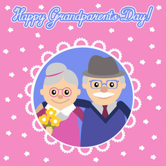 Happy senior man woman family with flowers. Greeting card for grandparents day.